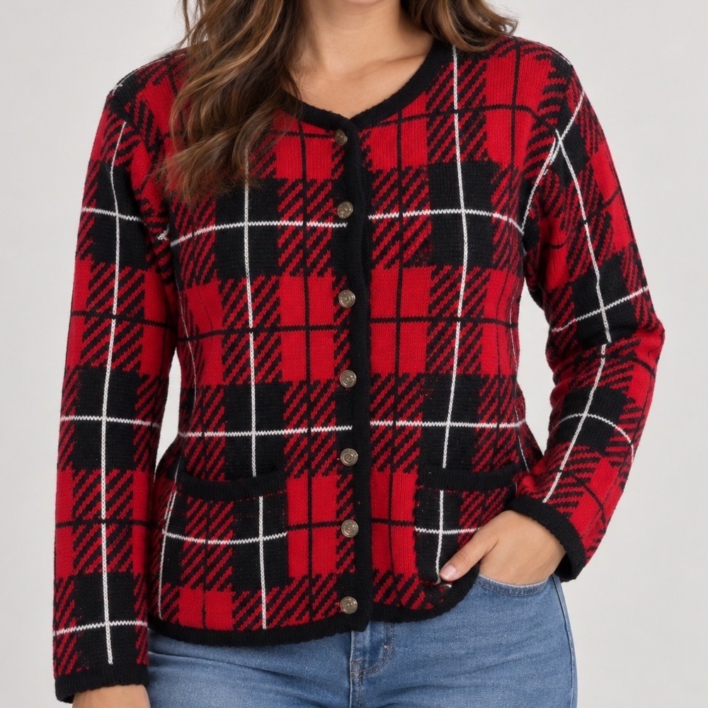 Vintage Tally-Ho Red Black Plaid Cardigan Sweater Small Tartan Cottagecore